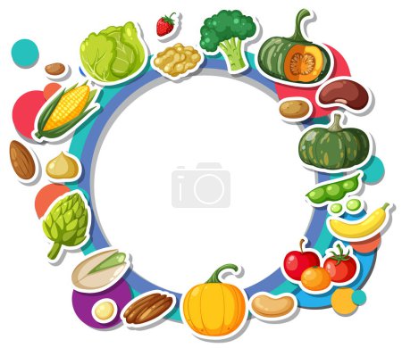 Ilustración de Colorido banner de borde estilo caricatura con una variedad de alimentos, frutas y verduras dispuestas alrededor de un marco circular - Imagen libre de derechos