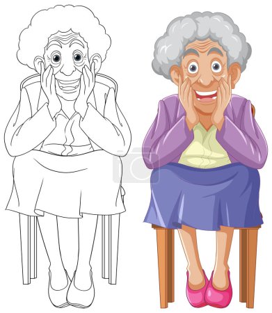 Téléchargez les illustrations : Une grand-mère joyeuse assise sur une chaise vintage - en licence libre de droit
