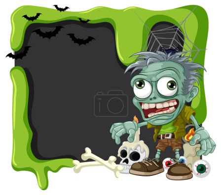 Illustration for A vector cartoon illustration of a blackboard with a zombie-themed Halloween border banner - Royalty Free Image