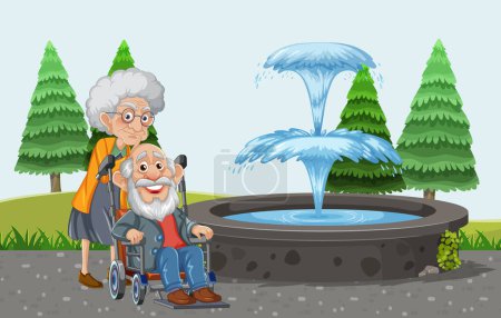 Téléchargez les illustrations : Vieux grands-parents profitant d'une sortie dans le parc avec fauteuil roulant et bâton de marche - en licence libre de droit