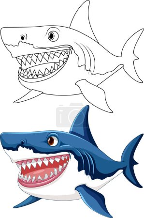 Téléchargez les illustrations : Illustration de dessin animé d'un grand requin blanc avec de grandes dents, nageant et dessinée dans une illustration d'art vectoriel - en licence libre de droit