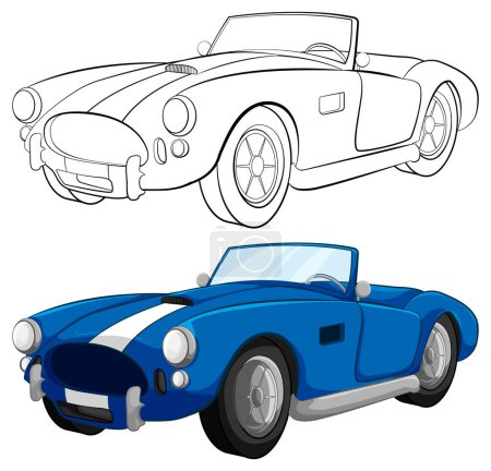 Téléchargez les illustrations : Illustration vectorielle de dessin animé d'une voiture vintage convertible bleue, prête à être colorée - en licence libre de droit