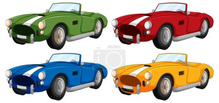Téléchargez les illustrations : Quatre voitures décapotables vintage de style dessin animé isolées sur fond blanc - en licence libre de droit