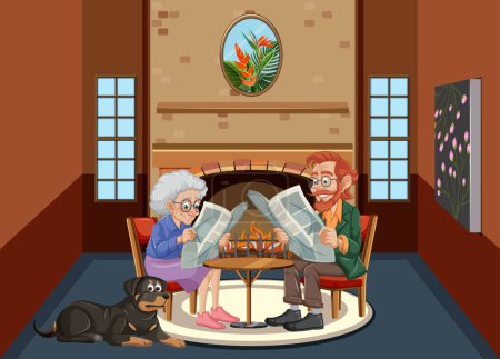 Illustration for Elderly couple enjoying their time together with their pet Rottweiler - Royalty Free Image