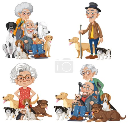 Ilustración de Animados personajes de dibujos animados y sus adorables perros mascotas disfrutando de la compañía - Imagen libre de derechos