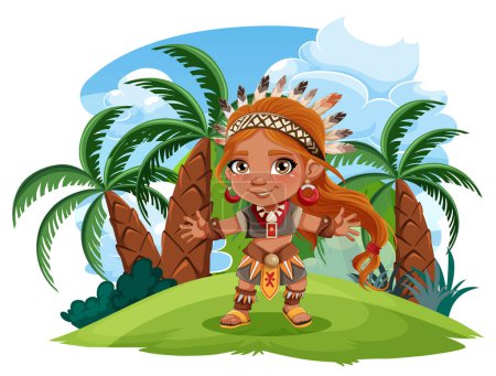 Illustration for A vector cartoon illustration of indigenous people in a tropical nature background - Royalty Free Image