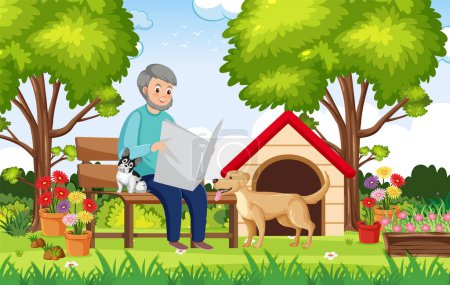 Illustration for Elderly man relaxes in the park while reading newspaper with his furry companions - Royalty Free Image