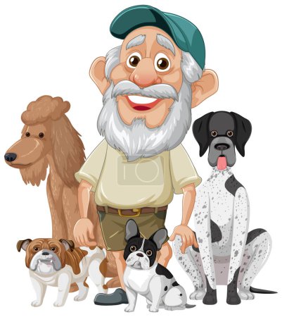Illustration for A heartwarming moment captured as a happy grandfather stands with his adorable pet dogs - Royalty Free Image
