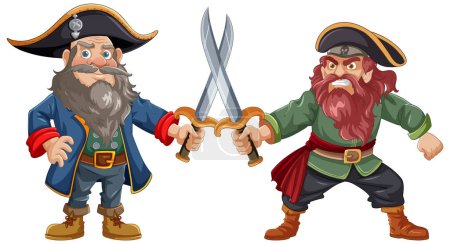 Ilustración de Intenso enfrentamiento entre dos personajes piratas en una emocionante pelea de espadas - Imagen libre de derechos