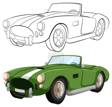 Téléchargez les illustrations : Illustration vectorielle d'une voiture convertible verte classique, parfaite pour les pages à colorier - en licence libre de droit