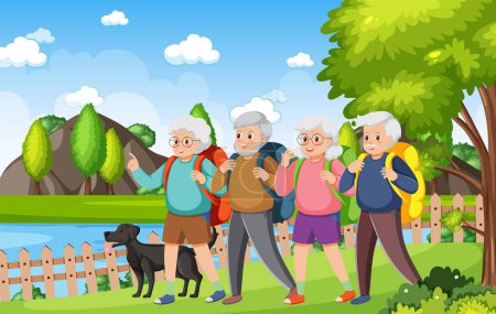 Ilustración de Grupo de amigos mayores caminando y divirtiéndose en la naturaleza - Imagen libre de derechos