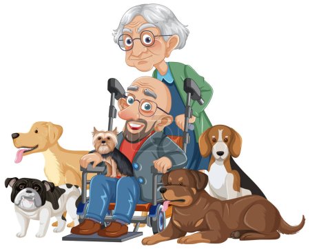 Téléchargez les illustrations : Couple âgé avec chiens en fauteuil roulant en isolement - en licence libre de droit