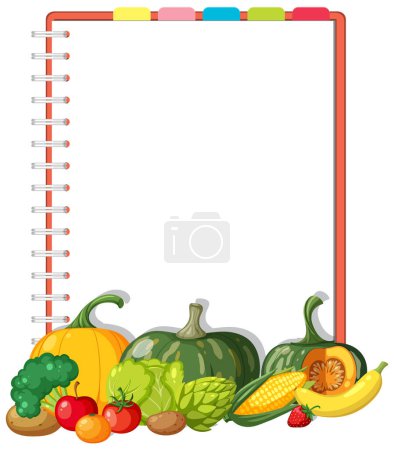 Illustration for Vector illustration of healthy farm produce on a blank notebook page - Royalty Free Image