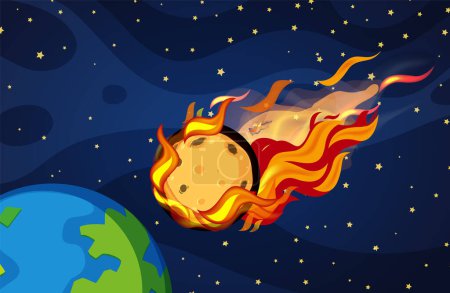 Téléchargez les illustrations : Illustration vectorielle de comètes ardentes et d'astéroïdes se dirigeant vers la Terre - en licence libre de droit