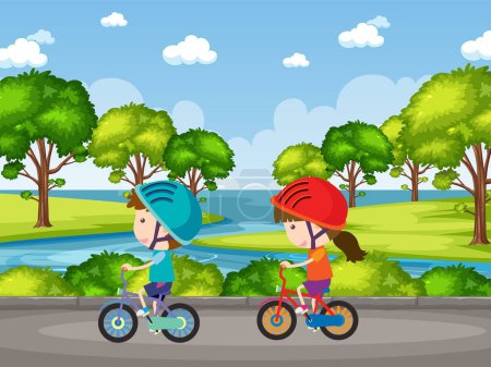 Téléchargez les photos : Enfants profitant d'une balade à vélo dans un parc pittoresque - en image libre de droit