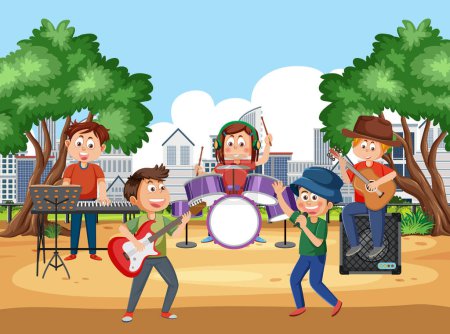 Téléchargez les illustrations : Groupe dynamique de musiciens jouant de la musique avec des instruments dans un parc - en licence libre de droit