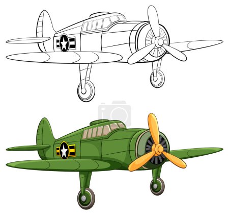 Téléchargez les illustrations : Une illustration classique d'avion militaire vintage dans le style de dessin animé vectoriel, isolé sur blanc - en licence libre de droit