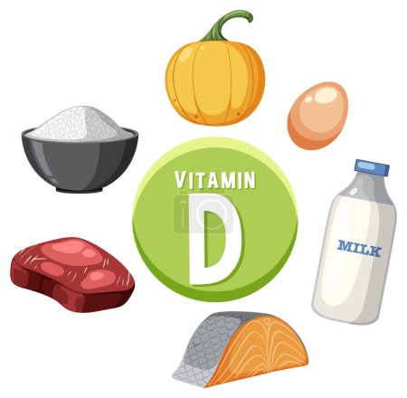 Illustration for Learn about the vitamin D content in milk, salmon, beef, rice, pumpkin, and eggs through a vibrant vector illustration - Royalty Free Image