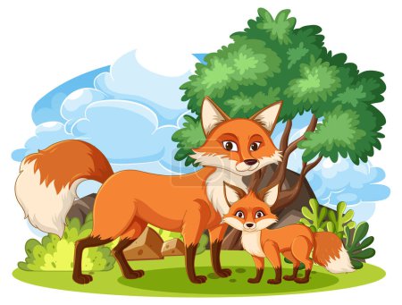 Illustration for A vector cartoon illustration of a family of red foxes in their natural habitat - Royalty Free Image