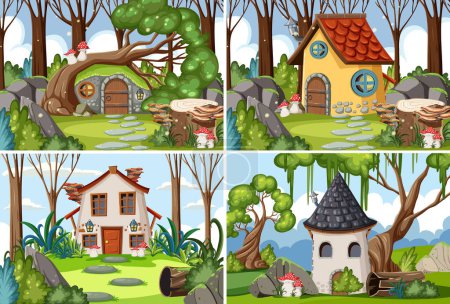 Téléchargez les illustrations : Une maison fantaisiste et magique nichée dans une forêt mystique - en licence libre de droit