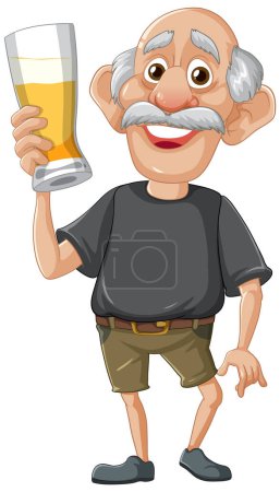 Ilustración de Un personaje de dibujos animados feliz, un anciano, sosteniendo un vaso de cerveza - Imagen libre de derechos