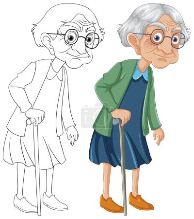 Téléchargez les illustrations : Vieille grand-mère avec chapeau et lunettes marchant à l'aide d'un bâton - en licence libre de droit