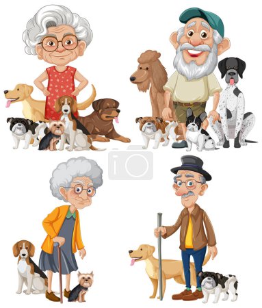 Illustration for A heartwarming illustration of elderly characters enjoying time with their loyal pet dogs - Royalty Free Image