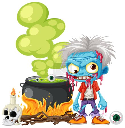 Illustration for A vector cartoon illustration of a zombie standing beside a witch's potion - Royalty Free Image