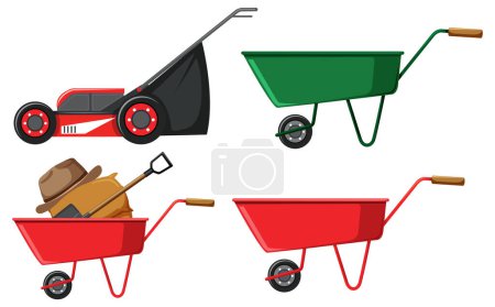 Illustration for Illustration of garden tools: lawn mower and wheelbarrow - Royalty Free Image