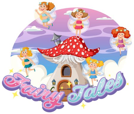 Ilustración de Adorables hadas en una caricatura caprichosa volando alrededor de una casa de hongos - Imagen libre de derechos