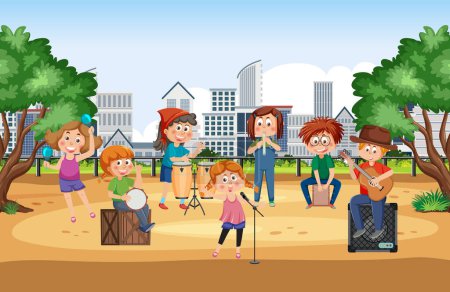 Téléchargez les illustrations : Illustration animée d'un groupe de musique jouant des instruments dans un parc - en licence libre de droit