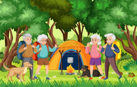 Téléchargez les illustrations : Amis âgés lien tout en campant dans une forêt - en licence libre de droit