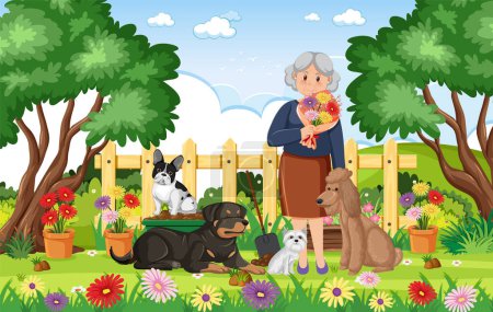 Illustration for A heartwarming scene of a grandmother surrounded by her dogs while collecting flowers from the garden - Royalty Free Image