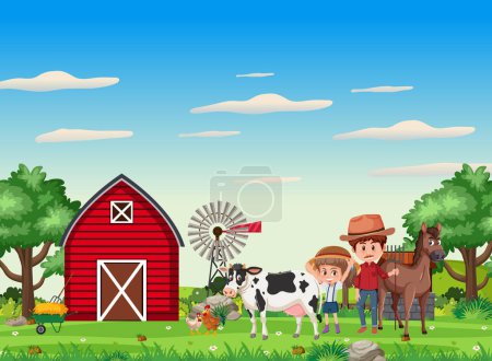 Illustration for A heartwarming moment between a father and daughter surrounded by farm animals - Royalty Free Image
