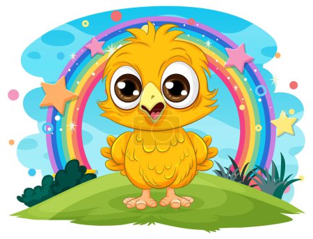 Illustration for A vector cartoon illustration of a cute little chick in a nature fantasy background - Royalty Free Image