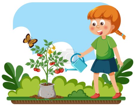 Illustration for A girl tends to a tomato plant while a butterfly flutters nearby - Royalty Free Image