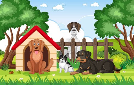 Illustration for A lively scene of multiple cartoon dogs in a yard with a dog house - Royalty Free Image
