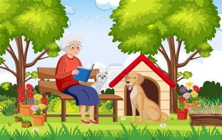Ilustración de Una abuela encuentra consuelo en la lectura mientras está rodeada por sus queridos perros de compañía en un hermoso jardín - Imagen libre de derechos