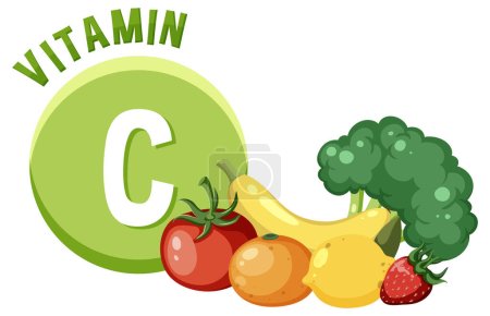 Téléchargez les illustrations : En savoir plus sur les aliments riches en vitamine C dans une illustration de dessin animé amusant - en licence libre de droit