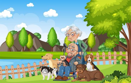 Ilustración de Amantes abuelos disfrutan de aventuras al aire libre con sus compañeros peludos - Imagen libre de derechos