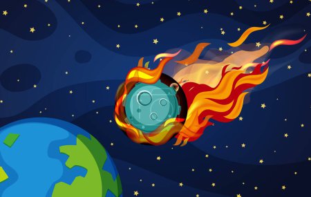 Ilustración de Una ilustración de dibujos animados vectoriales de objetos espaciales ardientes que se dirigen hacia nuestro planeta - Imagen libre de derechos