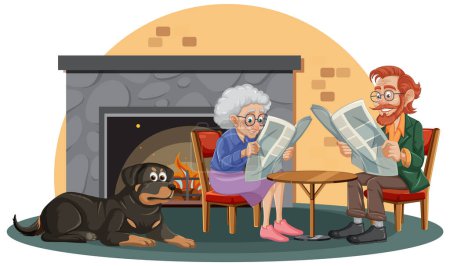 Téléchargez les illustrations : Les grands-parents aiment lire le journal avec leur fidèle Rottweiler - en licence libre de droit