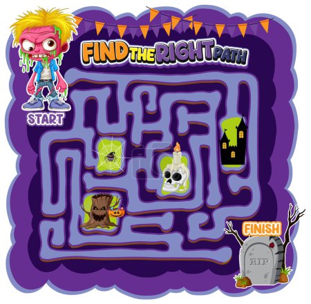 Téléchargez les illustrations : Une illustration vectorielle de dessin animé d'un jeu de labyrinthe zombie sur le thème d'Halloween - en licence libre de droit