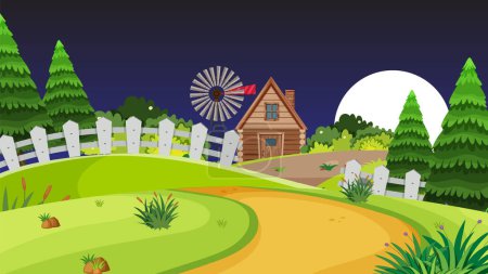 Téléchargez les illustrations : Une charmante maison rurale la nuit, entourée d'arbres sur une route - en licence libre de droit