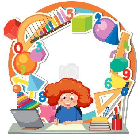 Illustration for A vector cartoon illustration of a girl studying math with various learning tools on a circle banner - Royalty Free Image