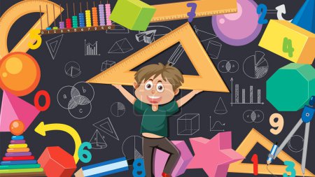 Ilustración de Young Boy Holding Set cuadrado con ilustración de herramientas de matemáticas - Imagen libre de derechos