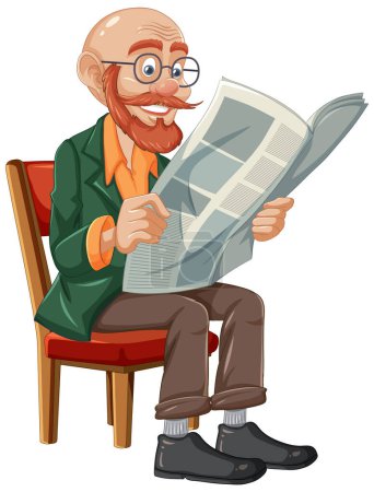 Illustration for Old grandfather with bald head reading newspaper on vintage chair - Royalty Free Image