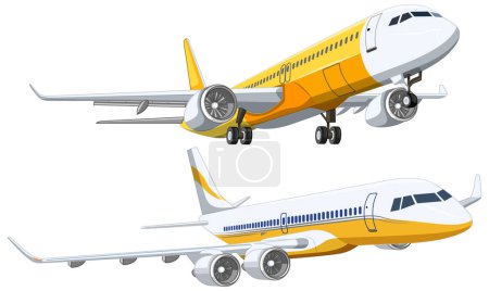 Illustration for A set of commercial airline airplanes flying isolated on a white background - Royalty Free Image
