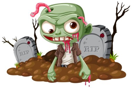 Téléchargez les illustrations : Un zombie dessin animé creusant dans un cimetière - en licence libre de droit