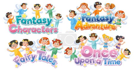 Illustration for A vibrant and whimsical cartoon illustration of a group of fantasy fairy characters - Royalty Free Image
